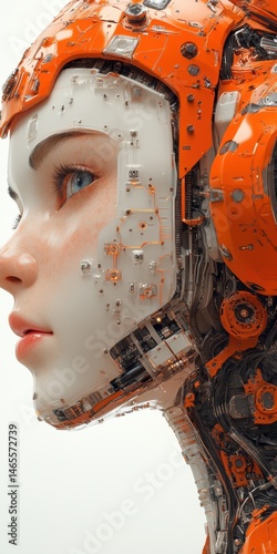 Wallpaper Mural Profile closeup showcases a futuristic robotic head with pale skin, blue eyes, and intricate orange mechanical components. Torontodigital.ca