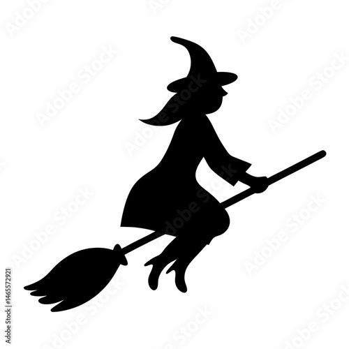 Silhouette of a Witch Riding a Broomstick on White Background