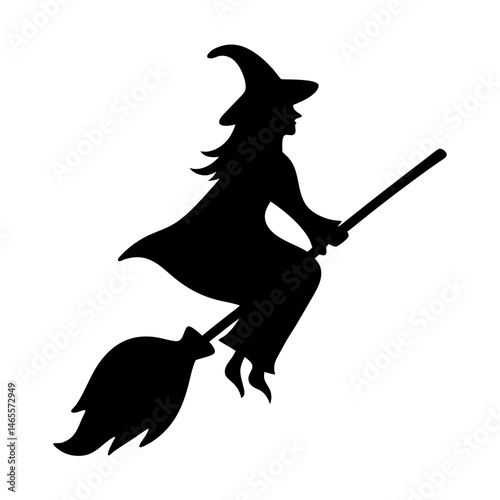 Silhouette of a witch flying on a broomstick against a white background