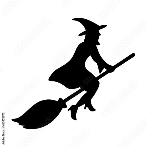 Silhouette of a witch flying on a broomstick against a white background