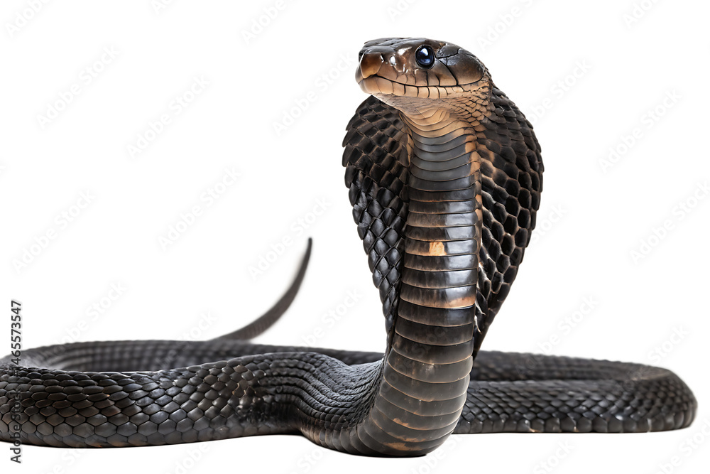 Fototapeta premium full body Black Pakistani Cobra Looking Into Camera white background