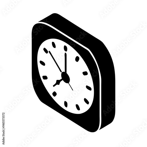 Isometric black and white clock depicting time, perspective illustration, and timekeeping