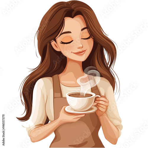 generated via ai , female illustrative potrait holding cup of tea , on isolated background cartoon