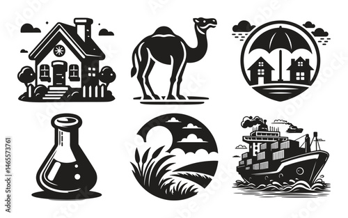 Black and white illustrations of house camel insurance flask nature and cargo ship,