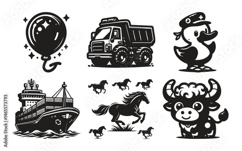 Black and white illustrations of a balloon truck duck horses and bull