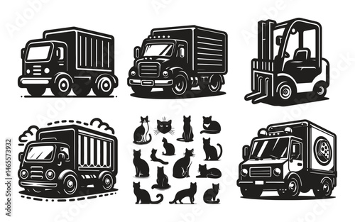 Black and white illustration of trucks cats and a forklift