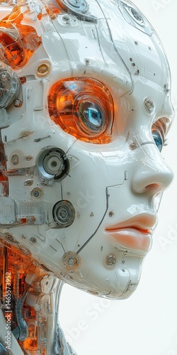 Wallpaper Mural Close-up of a White Mechanical Female Android Head with Orange Components and Blue Eyes, Set Against a Plain Background Torontodigital.ca