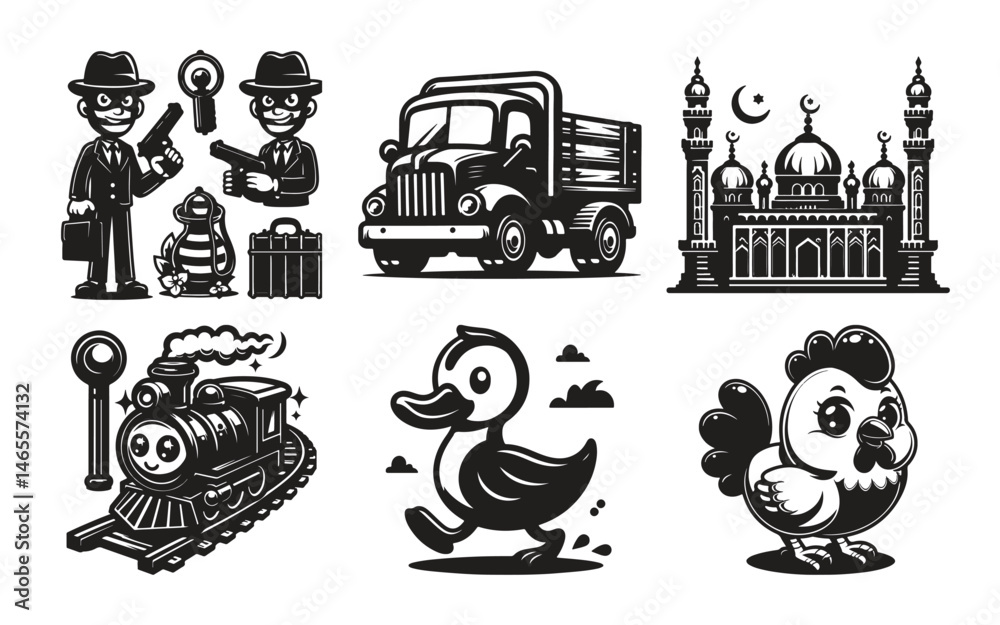 Fototapeta premium Diverse Black and White Illustrations Featuring Criminals Truck Mosque Train Duck and Chicken