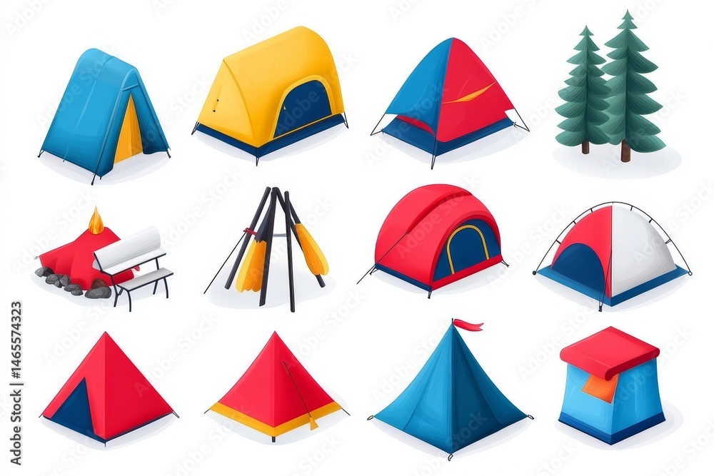 Obraz premium Camping Line Art Icon Set Collection - A set of 15 camping icons, including tents, a campfire, a picnic table, and trees. Perfect for outdoor adventures, travel