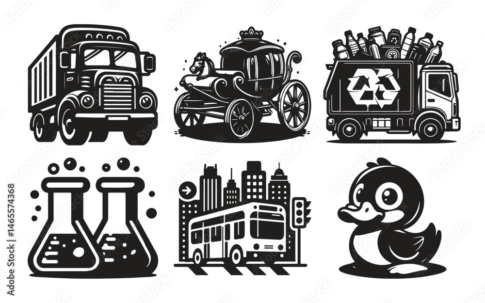Naklejka premium Black and white illustrations of vehicles and objects,
