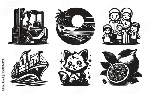 Black and white illustrations of a forklift family beach scene cargo ship cute fox and lemon