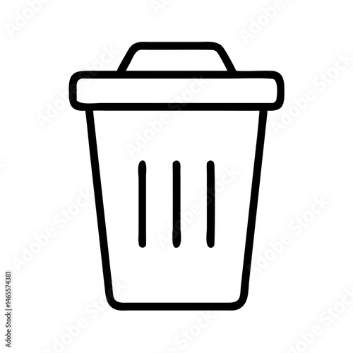 Black outline icon of trash can with lid and vertical lines, minimalist waste bin symbol for sanitation, garbage disposal and household cleaning routine