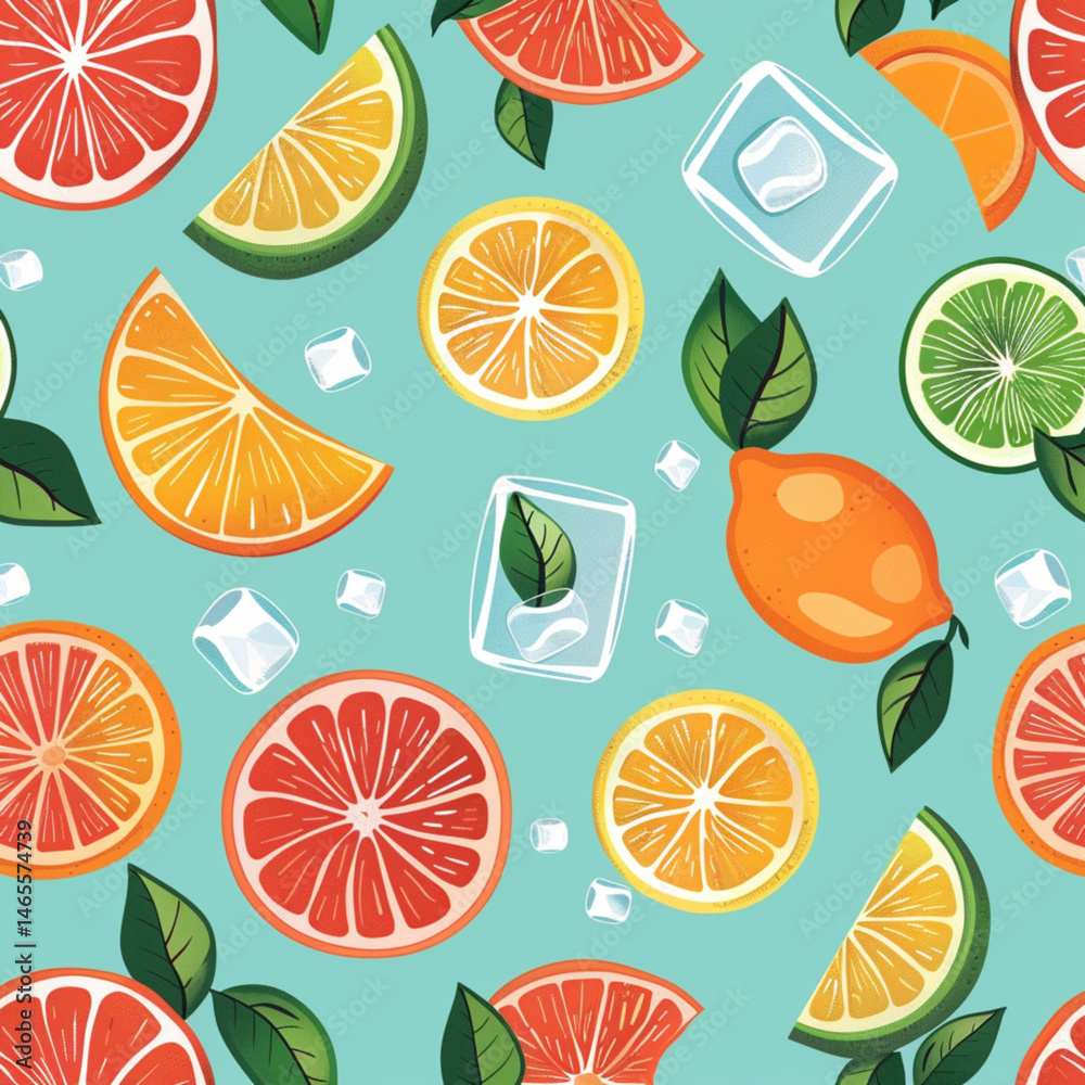seamless pattern, citrus slices and ice cubes, flat design, light turquoise background seamless pattern, citrus slices and ice cubes, flat design, light turquoise background