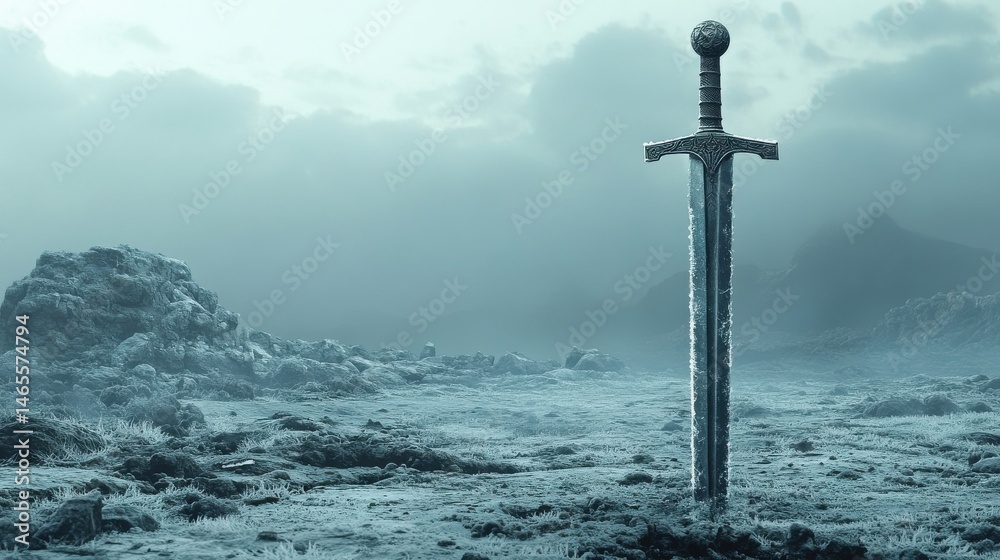 Naklejka premium A knights sword covered in frost, standing alone in a frozen wasteland 