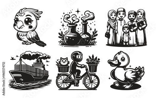 Cute Animals Family and Cargo Ship Alchemy Illustration