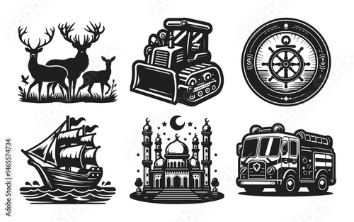 Black and white illustrations of deer bulldozer ship mosque and ambulance