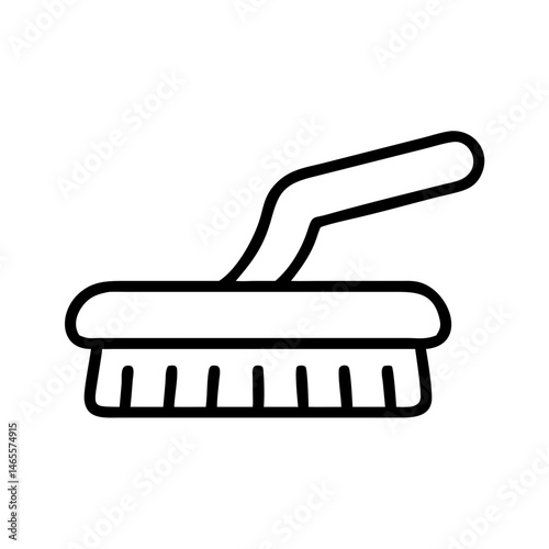 Black outline icon of cleaning brush with angled handle and bristles, minimalist sanitation and hygiene tool for scrubbing and surface cleaning tasks