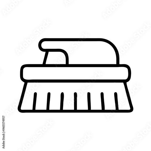 Black outline icon of handheld cleaning brush with bristles, minimalist symbol of scrubbing tool for hygiene, sanitation and surface cleaning tasks