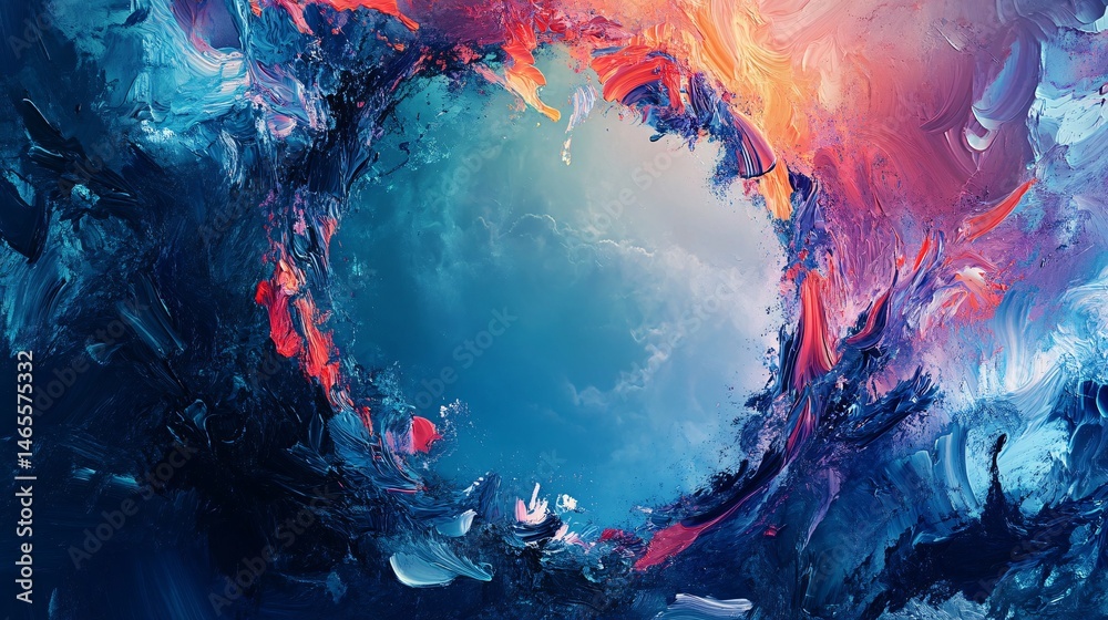 Fototapeta premium Colorful impasto painting creating a dramatic circular frame around a cloudy sky