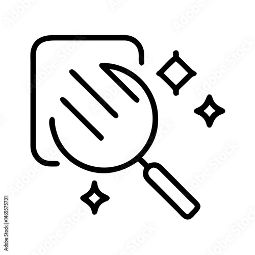 Black outline icon of magnifying glass inspecting clean surface with sparkles, symbol of cleanliness check, hygiene control and deep cleaning