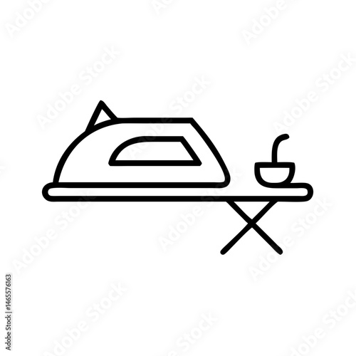 Black outline icon of iron on ironing board with steam, minimalist symbol of garment care, wrinkle removal and home laundry routine