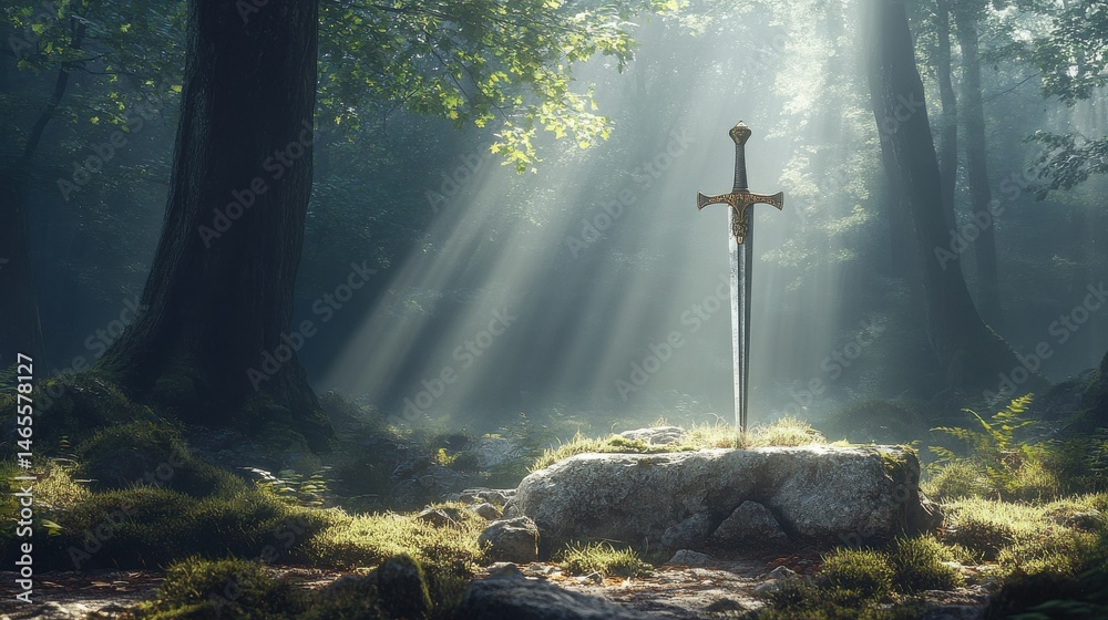 Naklejka premium A gleaming medieval sword resting on a stone altar in a dense forest, sunlight filtering through the trees