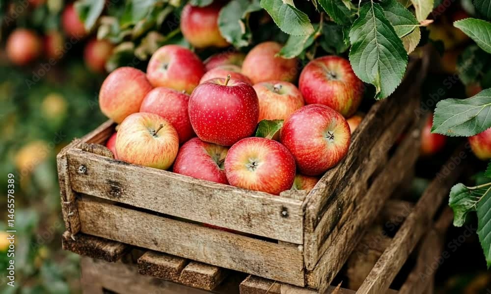 A rustic wooden crate filled with fresh red apples in a garden. A rustic wooden crate filled with fresh red apples in a garden.