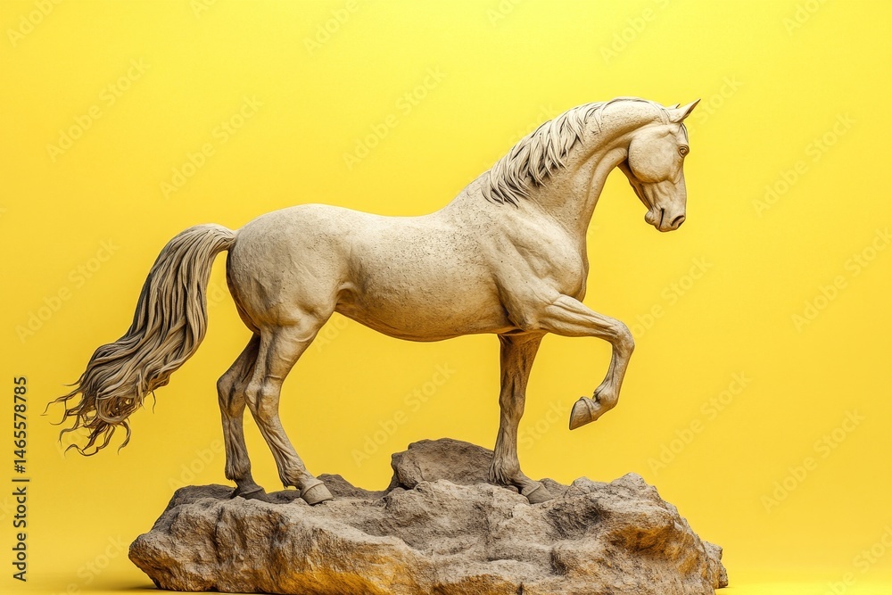 Fototapeta premium A light beige horse sculpture on a rock formation.