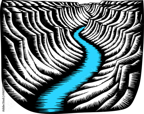 Vintage Sketched Vector of Grand Canyon National Park with Flowing River and Rock Formations – Hand Drawn Landscape Illustration on Transparent Background