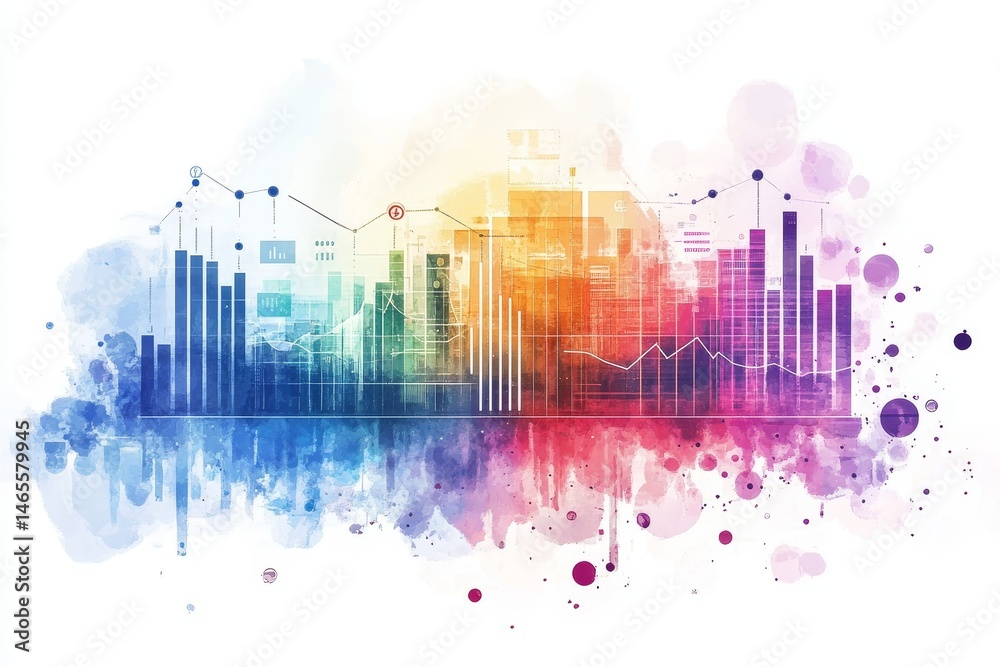 Fototapeta premium Data Visualization Rainbow Spectrum - Abstract watercolor graphic of colorful data charts and graphs, ideal for business, finance, and technology concepts