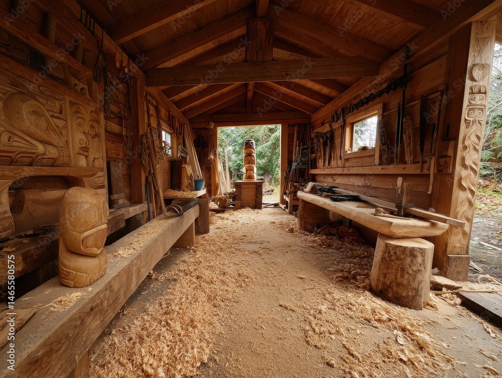 Fototapeta premium Wooden workshop filled with intricate carvings and tools, sawdust covers the floor, displaying the artistry and craftsmanship.