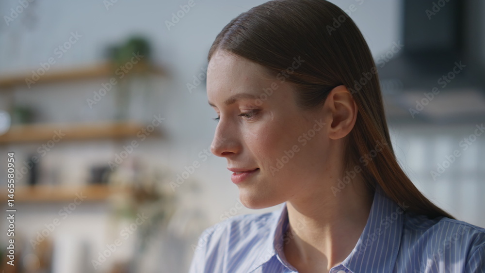 Smiling lady reading documents at apartment closeup. Happy business woman