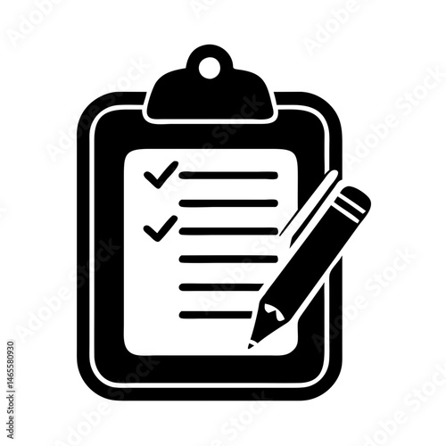 A black and white icon of a clipboard with a pencil and checkmarks