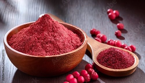 dried schisandra berry powder in wooden bowl