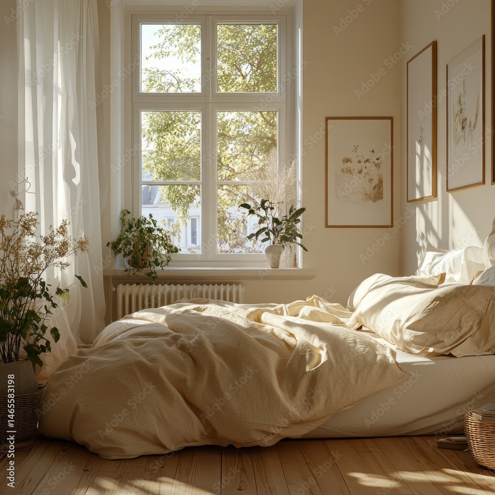 Fototapeta premium Sunny, cozy bedroom with warm beige tones