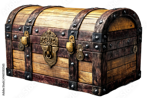 Aged wooden treasure chest with metal accents, cut out transparent photo