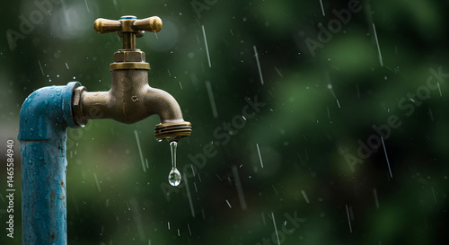 Water Conservation Concept, Rain Falling on Outdoor Faucet with Dripping