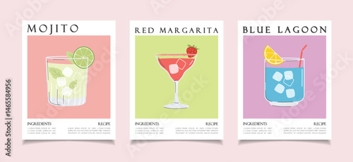 Summer cocktails posters collection. Alcoholic drink recipe concept wall art. Trendy prints