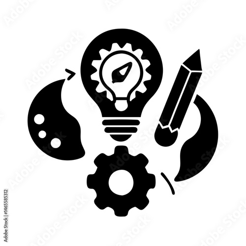 Creative process icon depicting ideation, design, development, and technical aspects