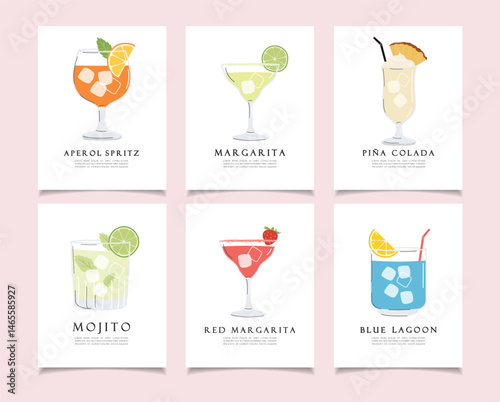 Summer cocktails posters cartoon flat. Alcoholic drink recipe concept wall art. Trendy prints set