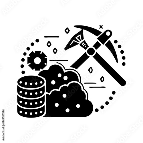 Bitcoin mining icon representing digital cryptocurrency creation with pickaxe and ore