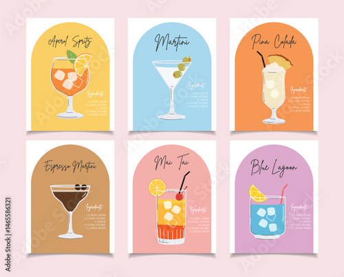 Summer cocktails posters cartoon flat. Alcoholic drink recipe concept wall art. Trendy prints