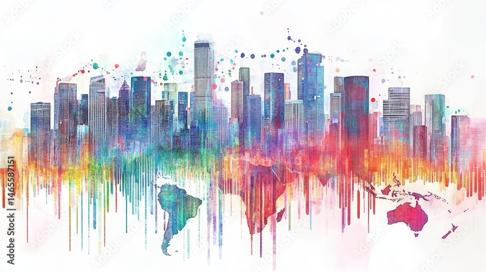 Fototapeta premium Global Cityscape Watercolor Art - Vibrant watercolor painting of a city skyline merging with a world map, symbolizing global connection and urban life