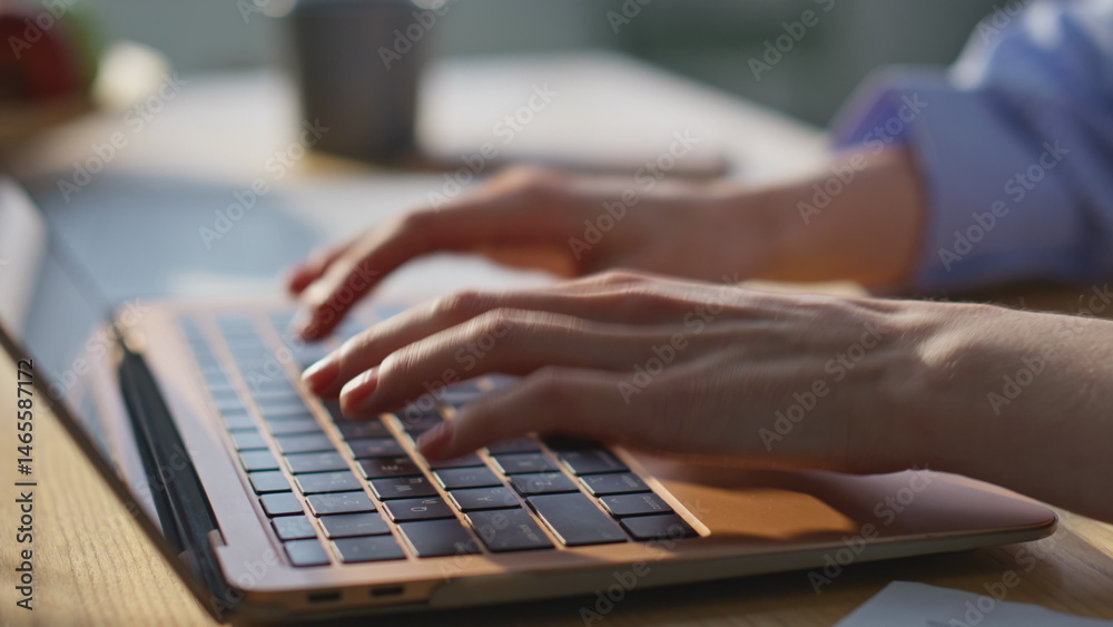 Lady fingers typing laptop at corporate workspace closeup. Unknown manager