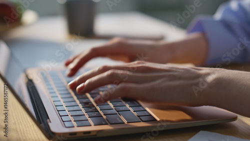 Obraz na płótnie Lady fingers typing laptop at corporate workspace closeup. Unknown manager w salonie