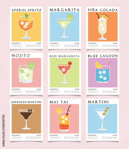 Summer cocktails posters cartoon flat. Alcoholic drink recipe concept art. Trendy prints big set