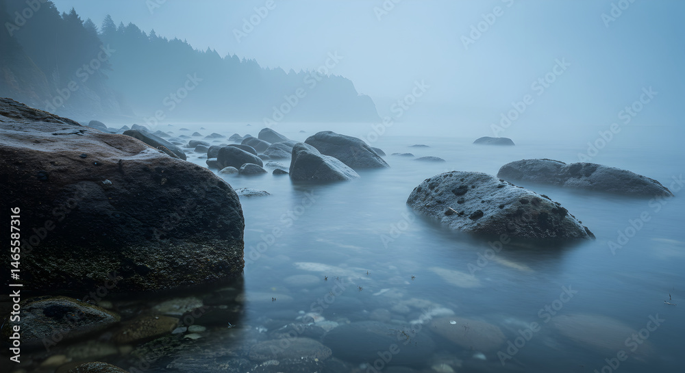 Obraz premium Misty Seascape With Rocks And Evergreen Trees On The Horizon