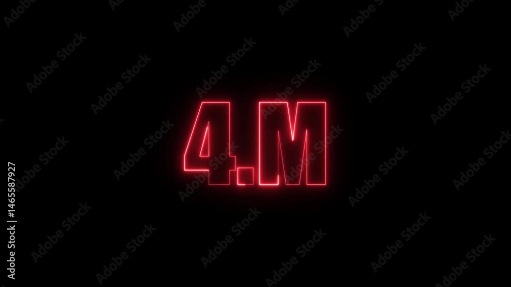 4m four million neon glowing red color text animation. Neon 4M text animation on black background.