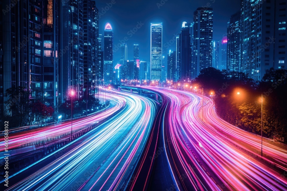 Night cityscape with vibrant light trails of speeding cars on a highway, showcasing modern urban architecture. Night cityscape with vibrant light trails of speeding cars on a highway, showcasing modern urban architecture.