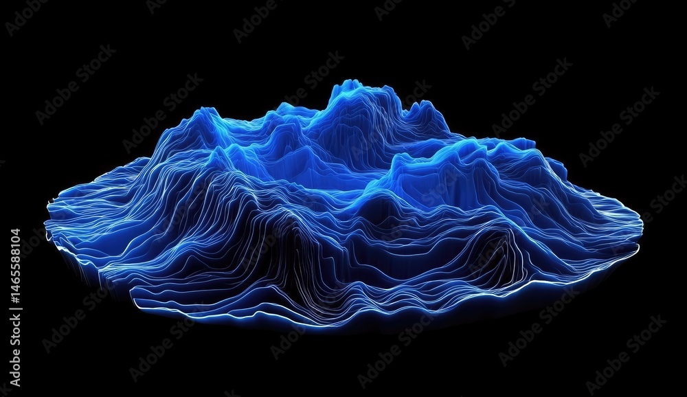 Fototapeta premium Abstract landscape, glowing blue contours form a topographic map. A 3D model of a topographic structure